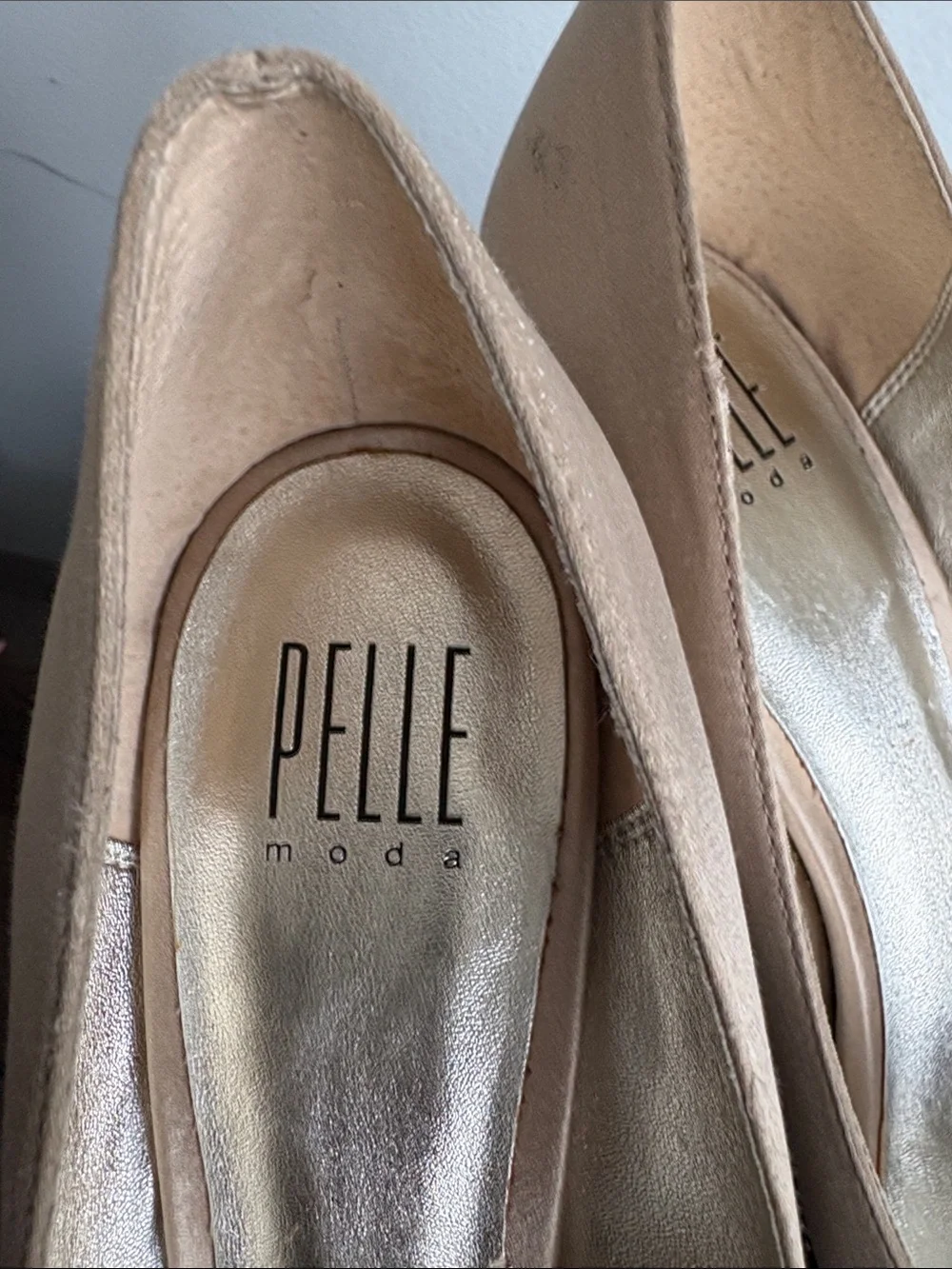 Pelle Moda Champagne Satin Peep-Toe Heels with Crystal Embellishment